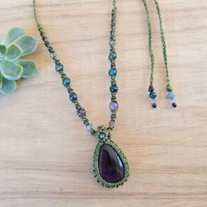 Amethyst pendant macrame necklace wrapped in green cord