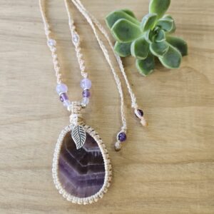 Auralite crystal macrame necklace wrapped in sand coloured cord