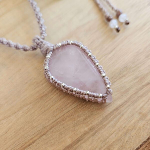 Rose Quartz & Silver Macrame Necklace - Taupe - Image 2
