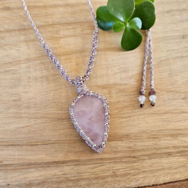 Rose Quartz & Silver Macrame Necklace - Taupe