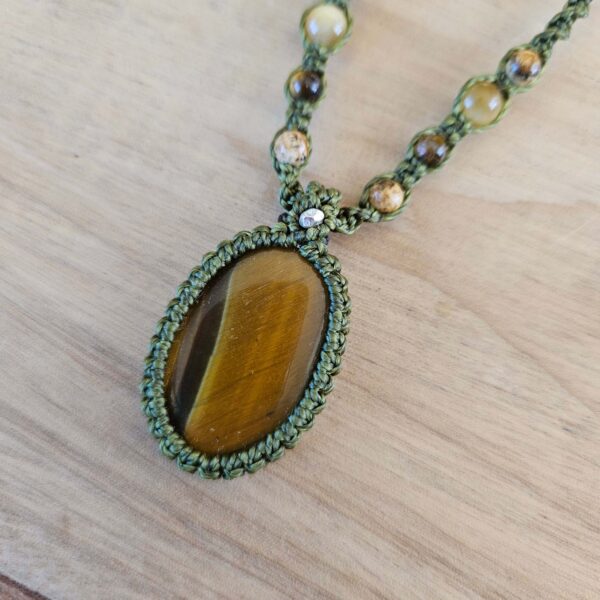 Tiger eye pendant macrame necklace wrapped in green cord