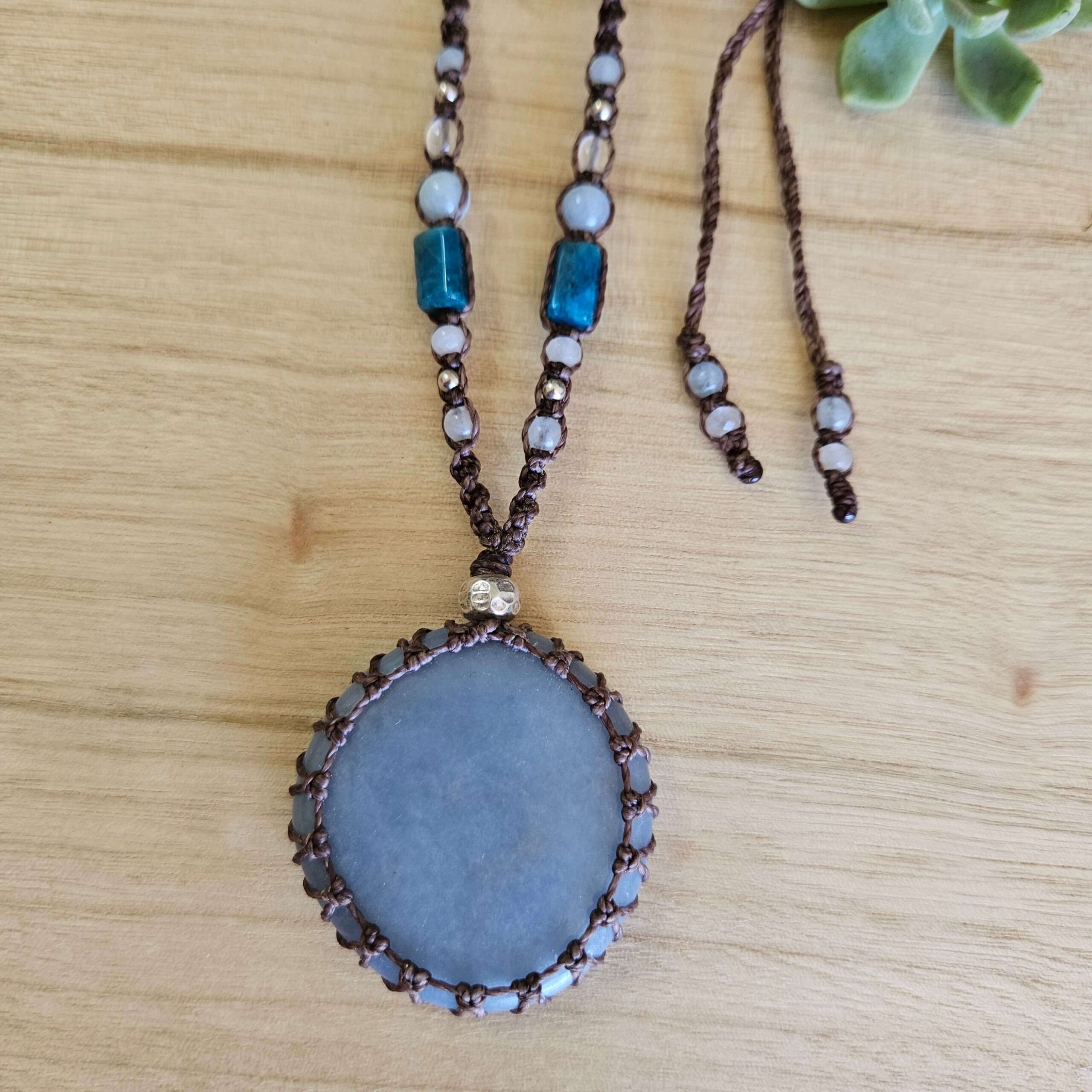 Angelite & Apatite Macrame Necklace - Matte Brown - Image 2