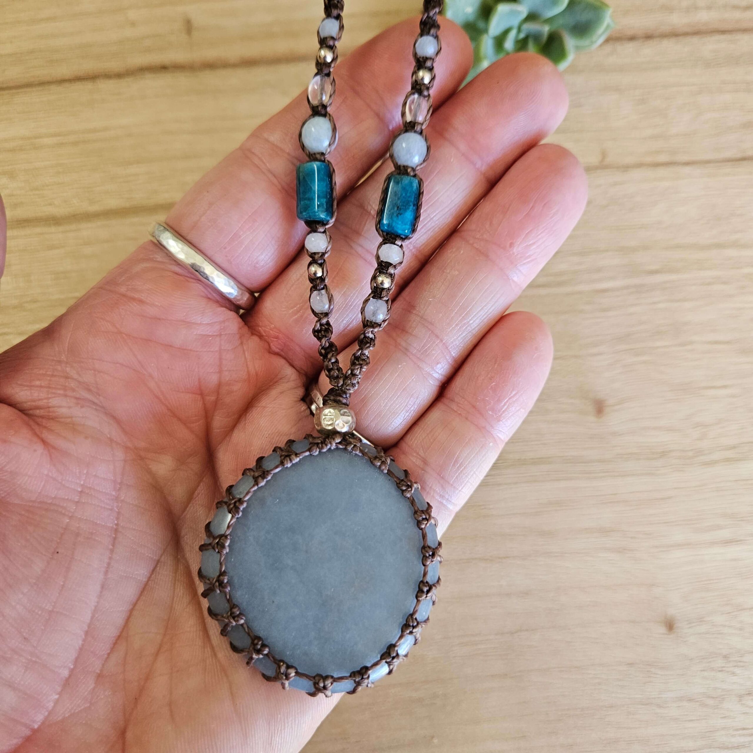 Angelite & Apatite Macrame Necklace - Matte Brown - Image 3