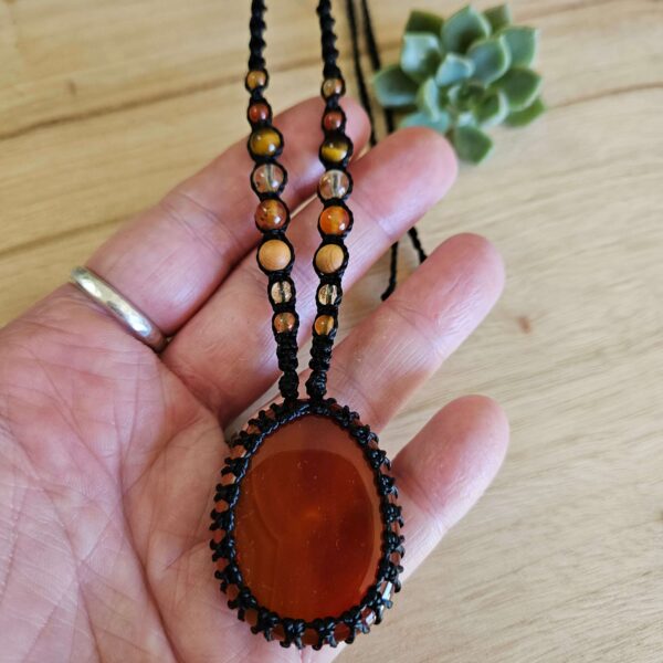 Carnelian Macrame Necklace - Black cord - Image 3