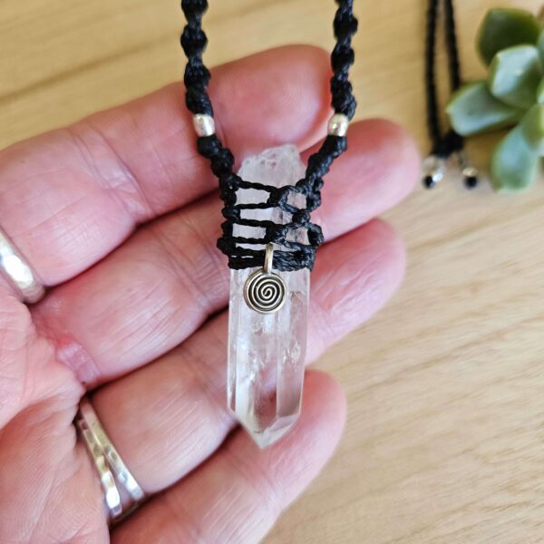 Lemurian Quartz Point Macrame Necklace - Black with Spiral - Image 3
