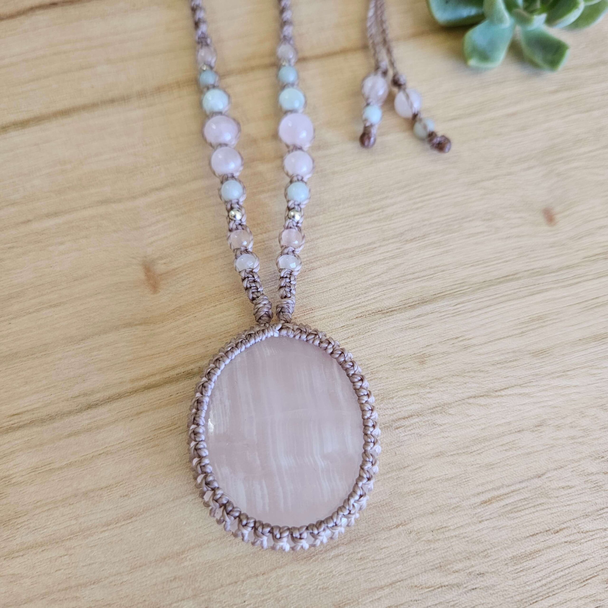 Pink Calcite Macrame Necklace - Taupe - Image 2