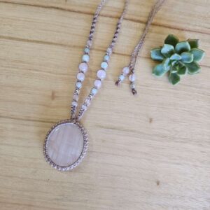 Pink Calcite Macrame Necklace - Taupe