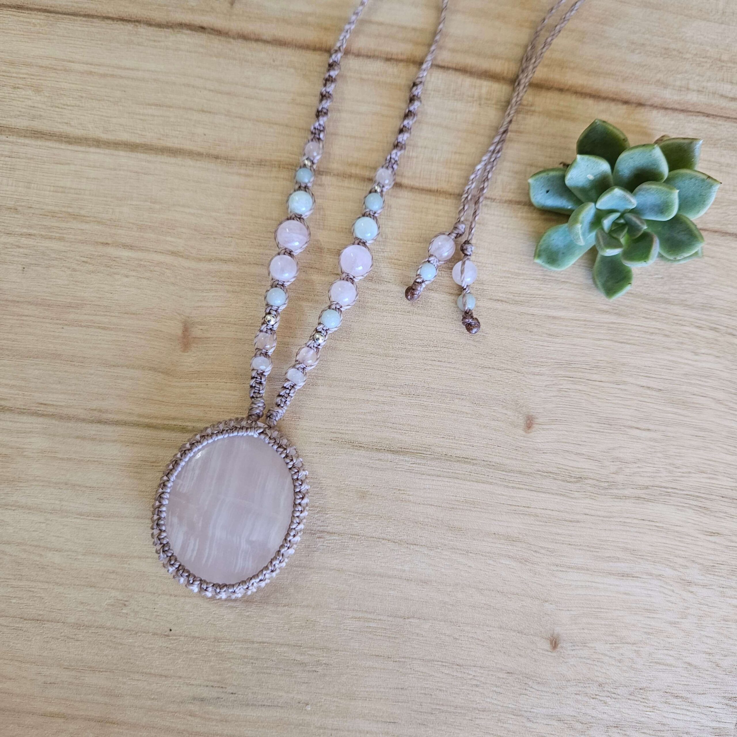Pink Calcite Macrame Necklace - Taupe