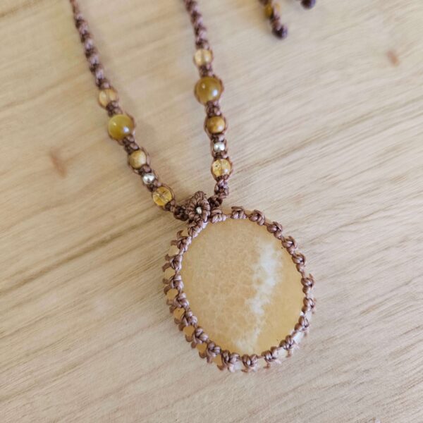 Yellow Calcite Macrame Necklace - Tan - Image 2