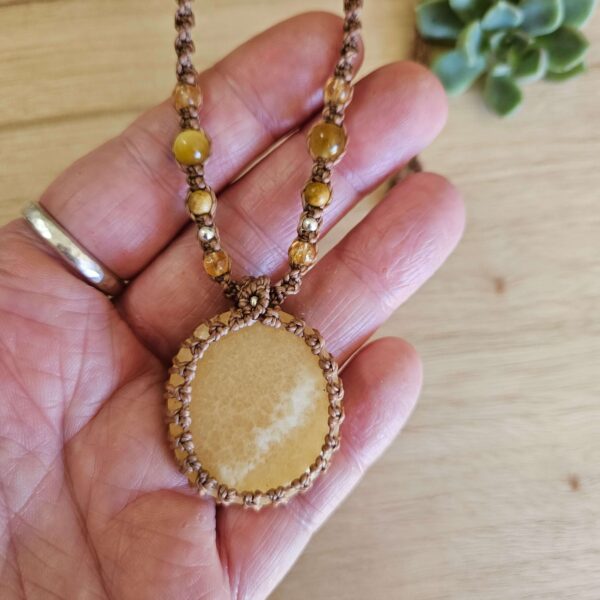 Yellow Calcite Macrame Necklace - Tan - Image 3