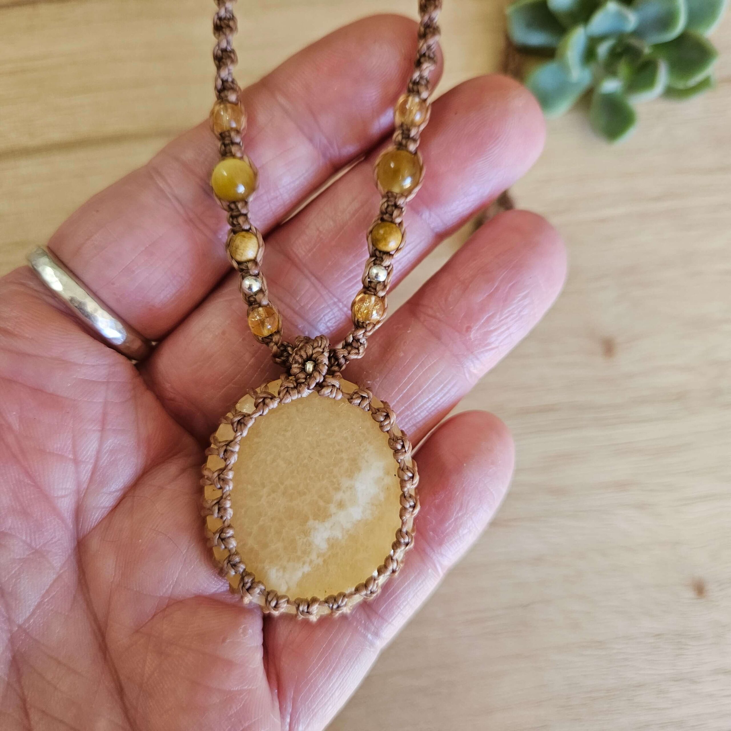 Yellow Calcite Macrame Necklace - Tan - Image 3