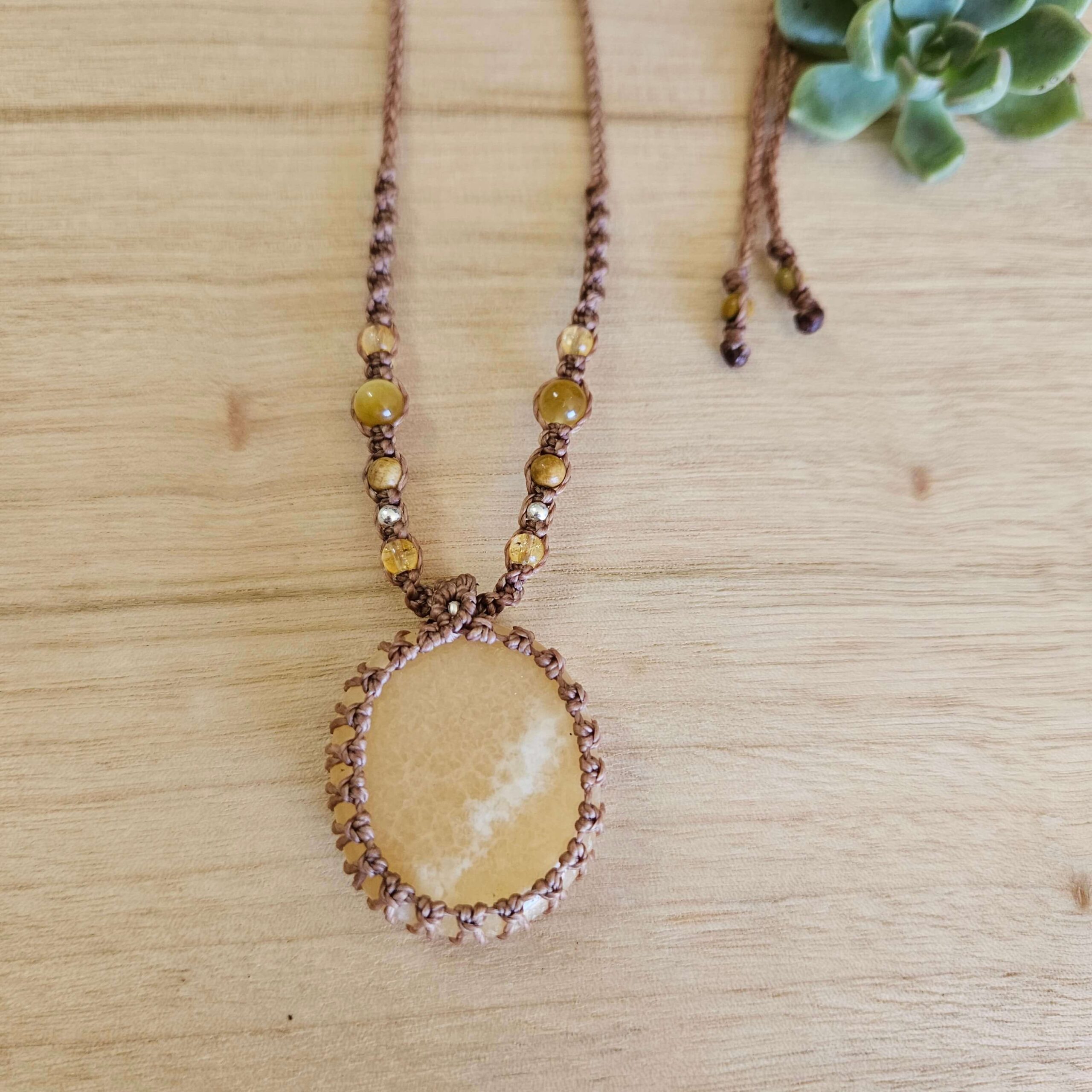 Yellow Calcite Macrame Necklace - Tan